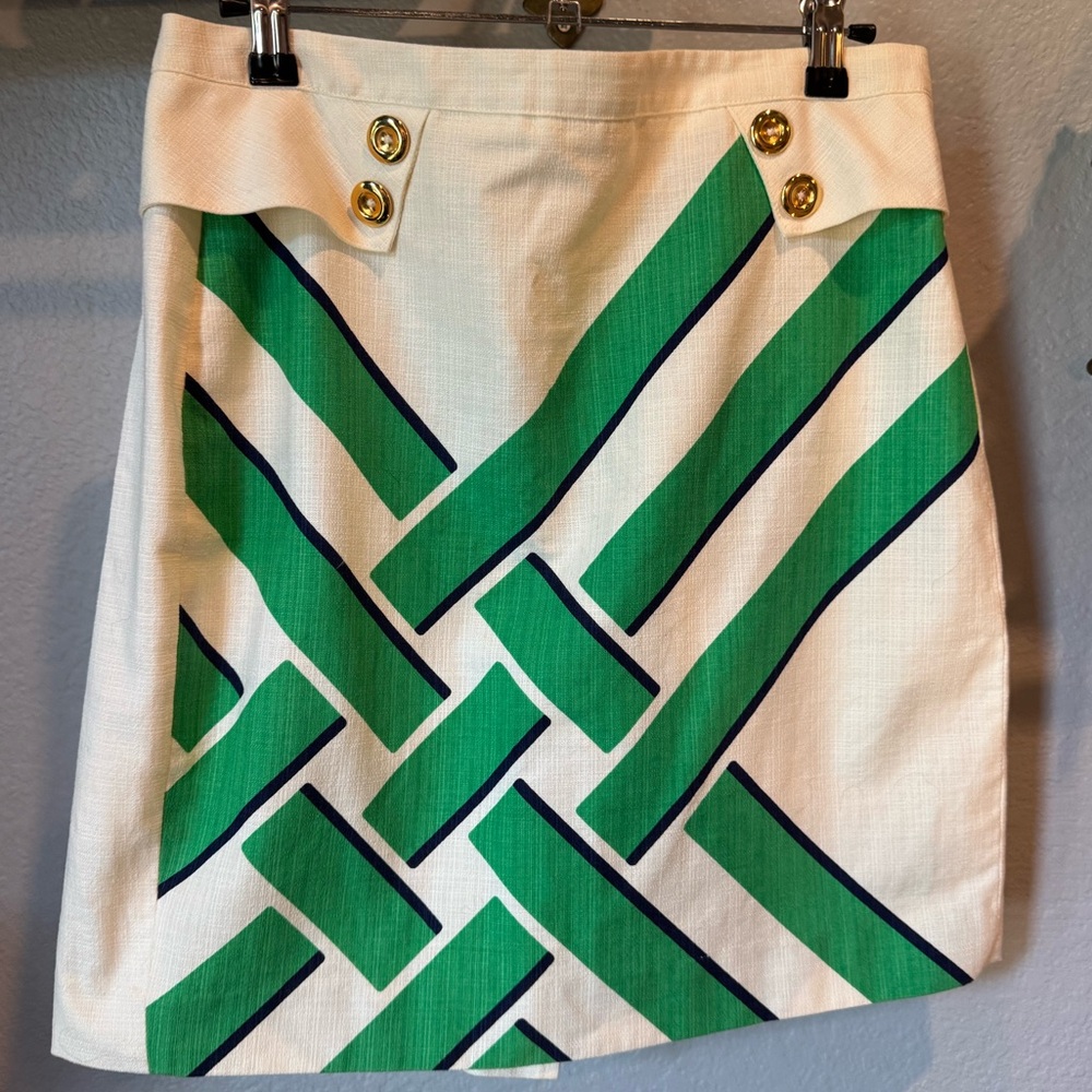 Anthropologie hutch brand mini skirt, beige, green, navy blue, and gold buttons